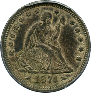 image for: 1874 25c PCGS Secure/CAC AU50 (Arrows) Popular Type Coin