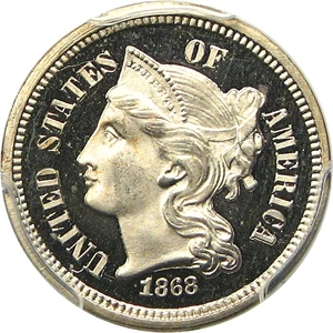 image for: 1868 3cN PCGS/CAC Proof 66 DCAM - Rare Gem Proof with Deep Cameo Surfaces