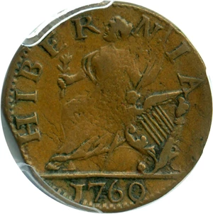 image for: 1760 Hibernia-Voce Populi Farthing PCGS/CAC VF35 (Large Letters) Very Scarce Colonial Issue