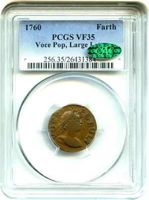 image for: 1760 Hibernia-Voce Populi Farthing PCGS/CAC VF35 (Large Letters) Very Scarce Colonial Issue