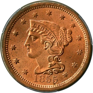 image for: 1855 1c PCGS/CAC MS64+ RD (Upright 55) - No Reserve!