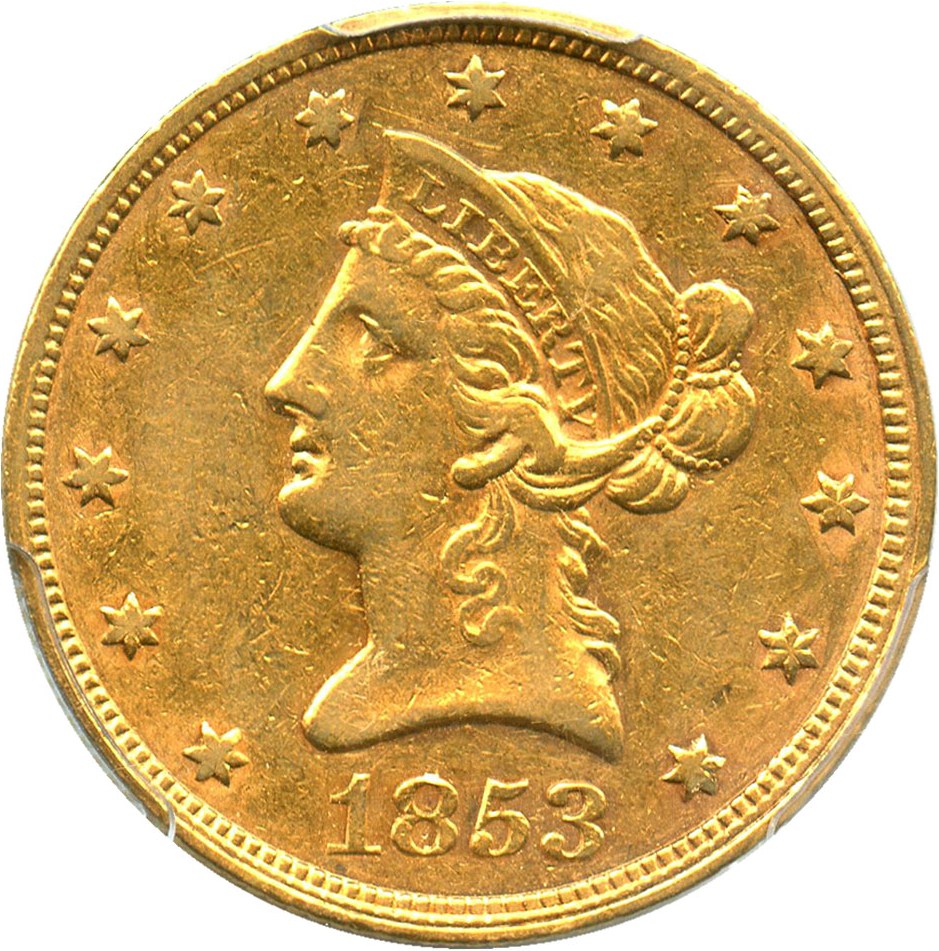 image for: 1853 $10 PCGS/CAC AU50 - No Motto Eagle Type Coin