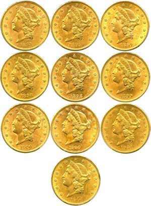 image for: Collector Lot: Assorted Dates $20 Gold Libs PCGS AU58 (10 Coins) - No Reserve!
