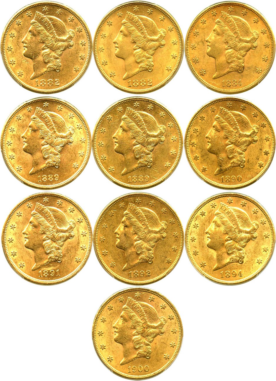 image for: Collector Lot: Assorted Dates $20 Gold Libs PCGS AU58 (10 Coins) - No Reserve!
