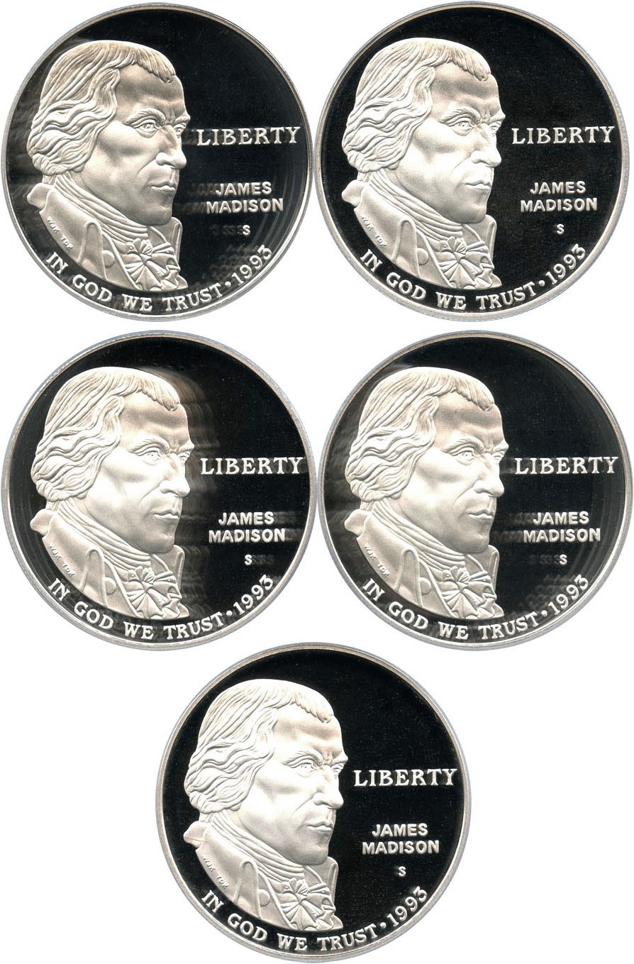 image for: Investor Lot of 1993-S Madison $1: All PCGS Proof 69 DCAM (5 Coins) - No Reserve!