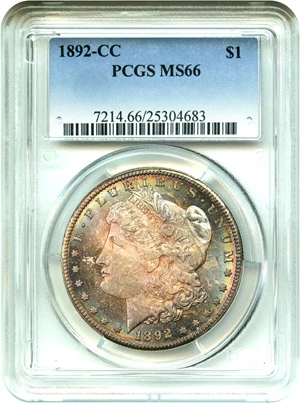 image for: 1892-CC $1 PCGS MS66 - Popular, Scarce Carson City Morgan - Colorful Toning