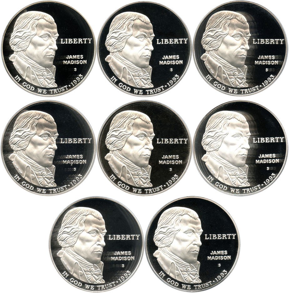 image for: Investor Lot of 1993-S Madison $1: All PCGS Proof 69 DCAM (8 Coins) - No Reserve!