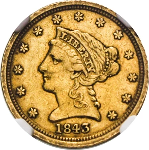image for: 1843-D $2 1/2 NGC AU53 - Popular Dahlonega Mint Gold