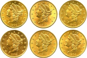 image for: Collector Lot $20 Gold Libs: PCGS Genuine UNC Details (Assorted Dates, 6 Coins) - No Reserve!