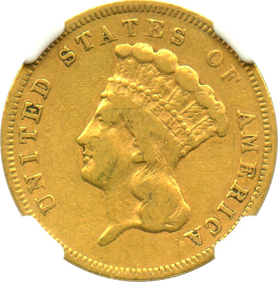 image for: 1857-S $3 NGC/CAC VF25 - Scarce, Low Mintage S-Mint Princess Gold