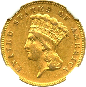 image for: 1868 $3 NGC/CAC AU53 - Very Low Mintage Gold - Only 4850 Coins Struck