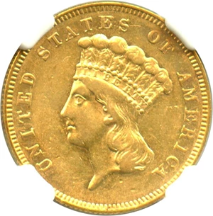 image for: 1866 $3 NGC AU53 - Very Low Mintage Gold - Only 4000 Coins Struck