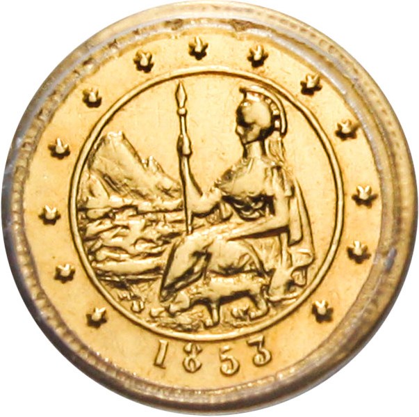 image for: California Gold: 1853 50c PCGS MS60 (BG-435, California Coat of Arms) Famous Rarity