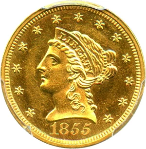 image for: 1855 $2 1/2 PCGS MS63