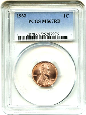 image for: 1962 1c PCGS MS67 RD - Grade-Rarity Gem - Only 1 Finer