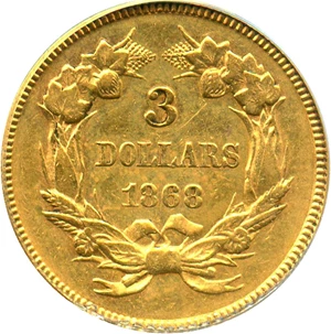 image for: 1868 $3 PCGS AU53 - Very Low Mintage Gold - Only 4850 Coins Struck