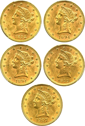 image for: Collector Lot of $10 Gold Libs: PCGS MS62+ (1892, 2 x 1894, 1899, 1907-5 Coins) - No Reserve!