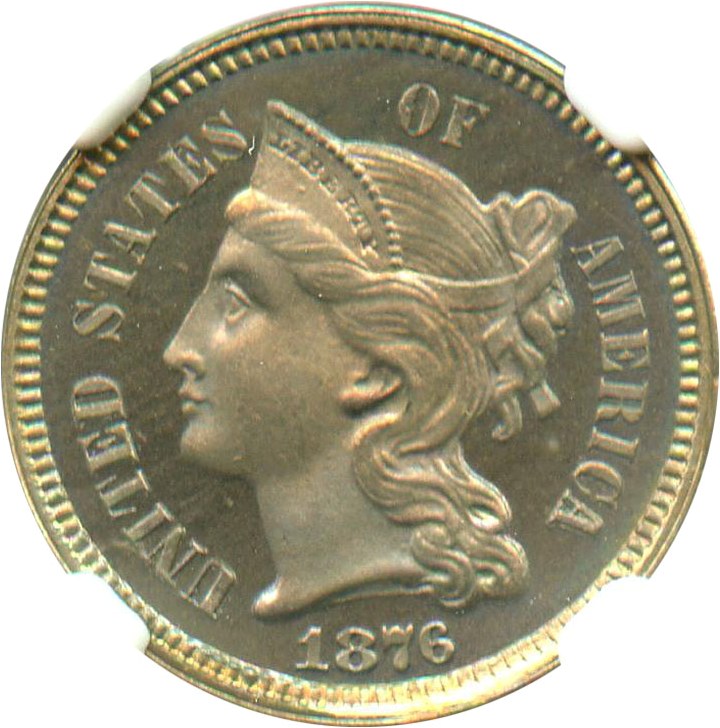 image for: 1876 3cN NGC/CAC Proof 66 CAM - Colorful Toning