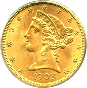 image for: 1908 Liberty $5 PCGS MS65