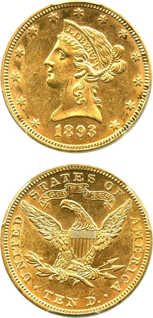 image for: 1893 $10 PCGS Genuine UNC Details, Cleaning - No Reserve!