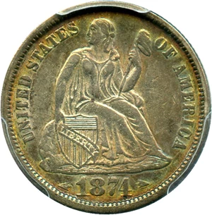 image for: 1874 10c PCGS XF45 (Arrows) Colorful Toning