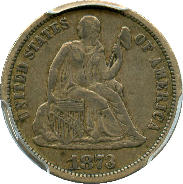 image for: 1873 10c PCGS VF35 (No Arrows, Open 3)