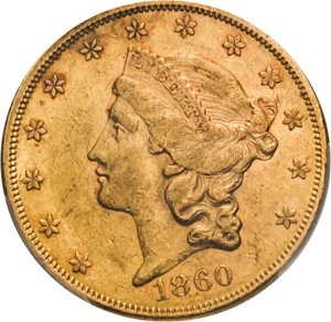 image for: 1860 $20 PCGS/CAC AU55 - Scarce Date