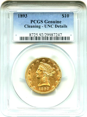 image for: 1893 $10 PCGS Genuine UNC Details, Cleaning - No Reserve!