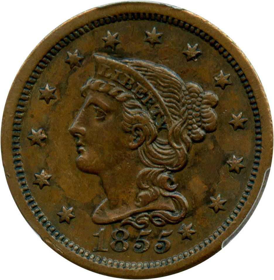 image for: 1855 1c PCGS AU53 BN (Knob Ear) - No Reserve!