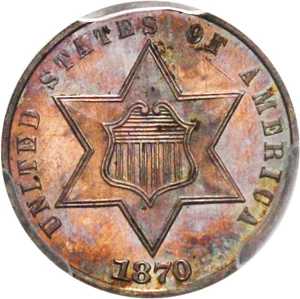 image for: 1870 3cS PCGS Proof 64 - Colorful Toning