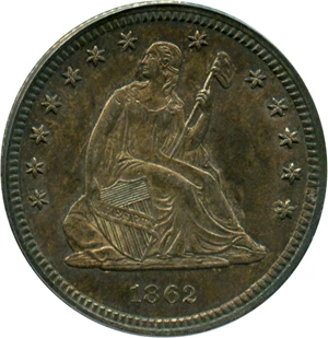 image for: 1862 25c PCGS MS62 OGH - Desirable Civil War Era Quarter