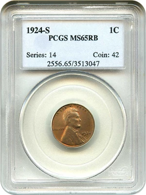 image for: 1924-S 1c PCGS MS65 RB - Key Date in High Grade