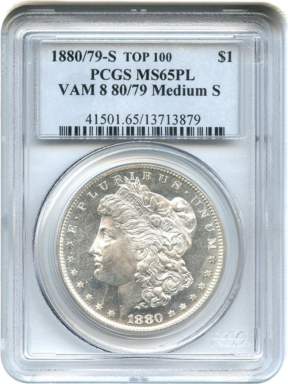 image for: 1880/9-S $1 PCGS MS65 PL (VAM 8, 80/79, Medium S) Top 100 VAM