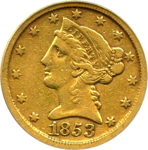 image for: 1853-D $5 PCGS/CAC VF35 (Large D) Popular & Scarce Dahlonega Half Eagle