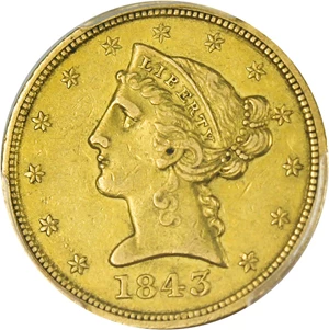 image for: 1843-D $5 PCGS AU55 - Desirable Dahlonega Gold Half Eagle