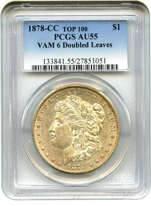 image for: 1878-CC $1 PCGS AU55 (VAM-6, Doubled Leaves) Top 100 VAM