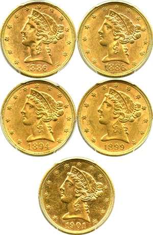 image for: Collector Lot of $5 Gold Libs: All PCGS MS62 (Assorted Dates, 5 Coins Total) - No Reserve!