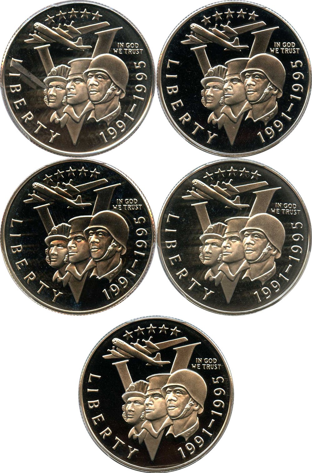 image for: Investor Lot of 1991-95-P World War II 50c: All PCGS Proof 69 DCAM (5 Coins) - No Reserve!