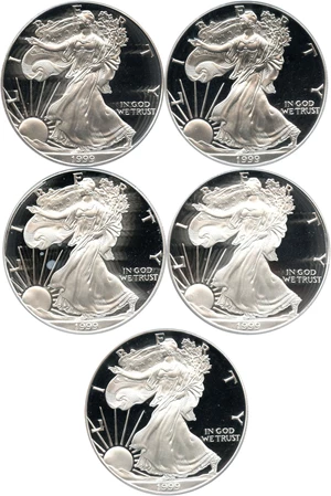 image for: Investor Lot of 1999-P Silver Eagle $1: All PCGS Proof 69 DCAM (5 Coins) - No Reserve!