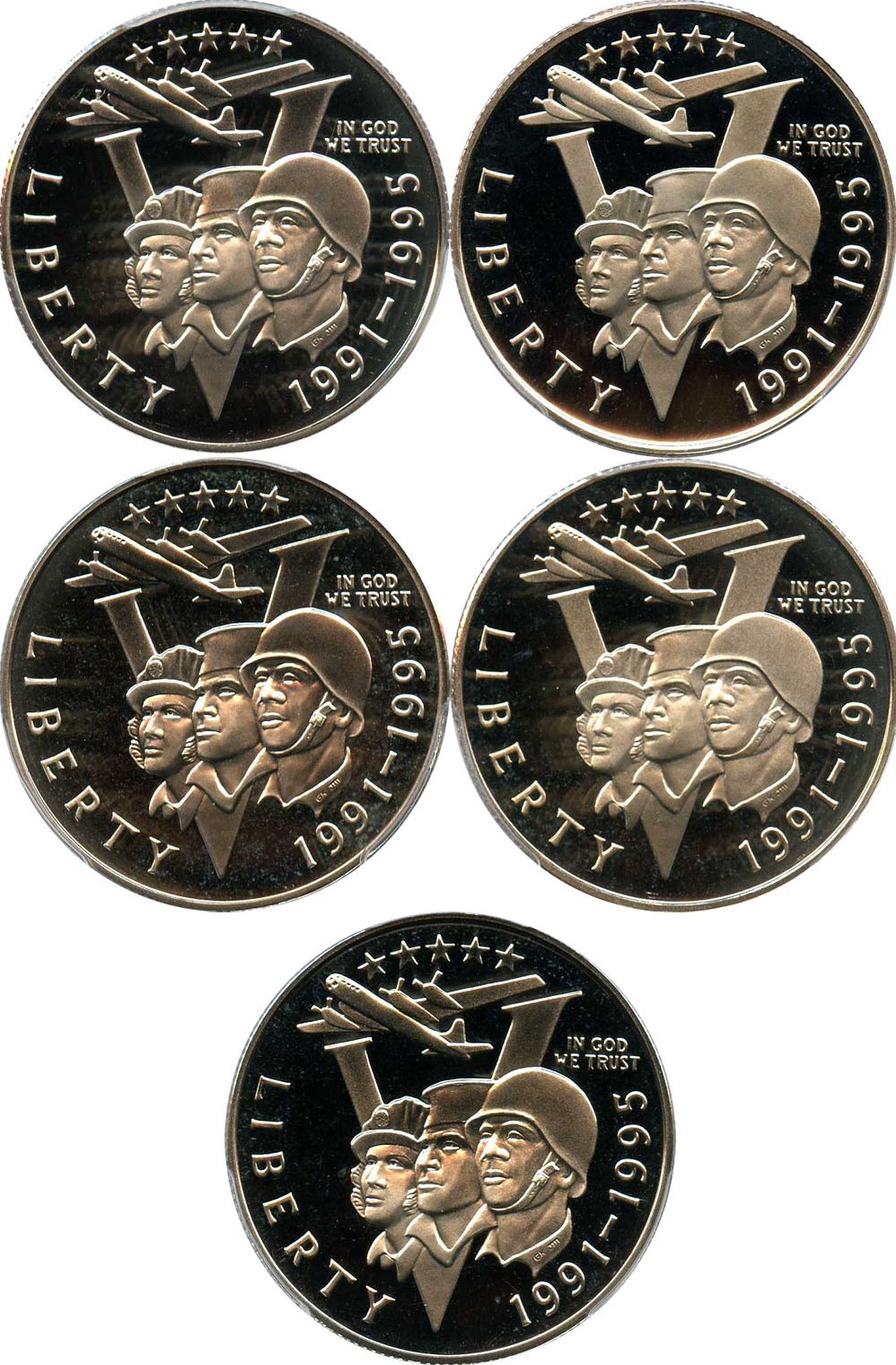 image for: Investor Lot of 1991-95-P World War II 50c: All PCGS Proof 69 DCAM (5 Coins) - No Reserve!