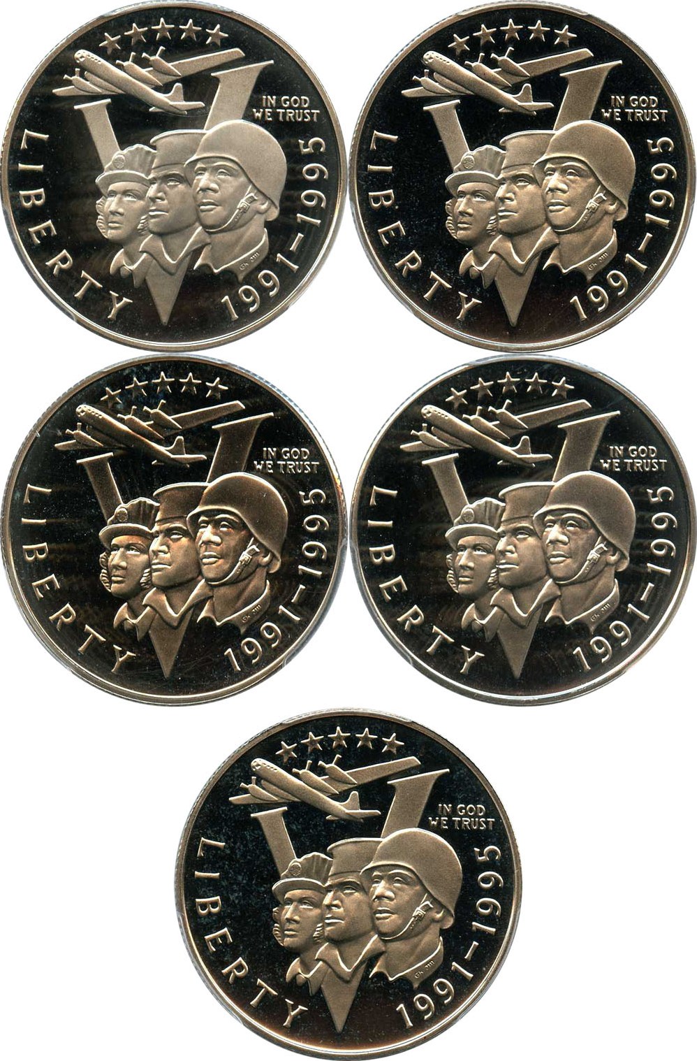 image for: Investor Lot of 1991-95-P World War II 50c: All PCGS Proof 69 DCAM (5 Coins) - No Reserve!