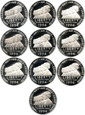 image for: Investor Lot of 1994-P Women in the Military $1: All PCGS PR69 DCAM (10 Coins) - No Reserve!