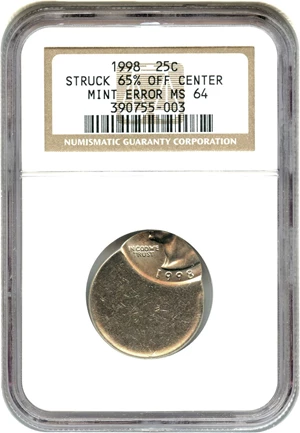 image for: 1998-P 25c NGC MS64 (Struck 65% off Center)