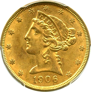 image for: 1906 $5 PCGS AU58 - No Reserve!