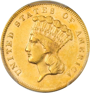 image for: 1866 $3 PCGS AU55 - Very Low Mintage Gold - Only 4000 Coins Struck