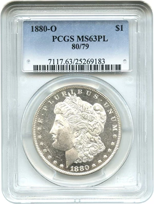image for: 1880-O $1 PCGS MS63 PL (80/79) Scarce Variety