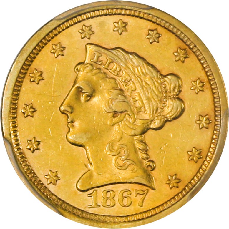 image for: 1867-S $2 1/2 PCGS AU55 - Scarce S-Mint Gold Quarter Eagle