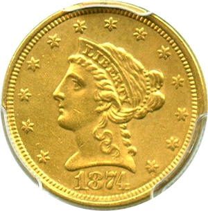 image for: 1874 $2 1/2 PCGS Genuine AU Details (Mount Removed) - No Reserve!