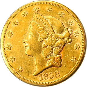 image for: 1858-S $20 PCGS AU55 - Scarce Early Double Eagle