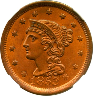 image for: 1853 1c NGC MS64 RB - Gorgeous, Looks Red